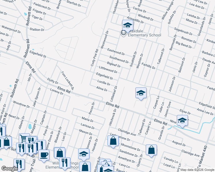 map of restaurants, bars, coffee shops, grocery stores, and more near 2703 Lucille Drive in Killeen