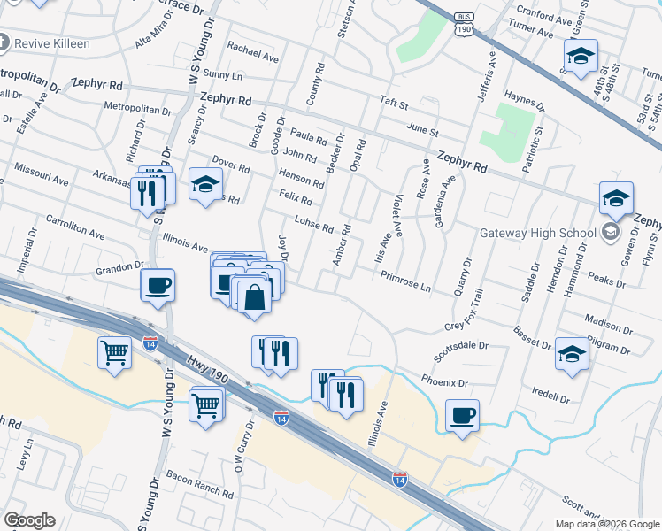 map of restaurants, bars, coffee shops, grocery stores, and more near 2602 Amber Court in Killeen