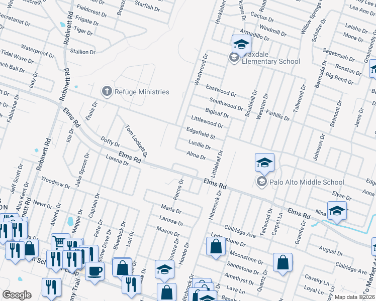 map of restaurants, bars, coffee shops, grocery stores, and more near 2804 Lucille Drive in Killeen