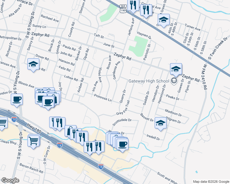map of restaurants, bars, coffee shops, grocery stores, and more near 1507 Jefferis Avenue in Killeen