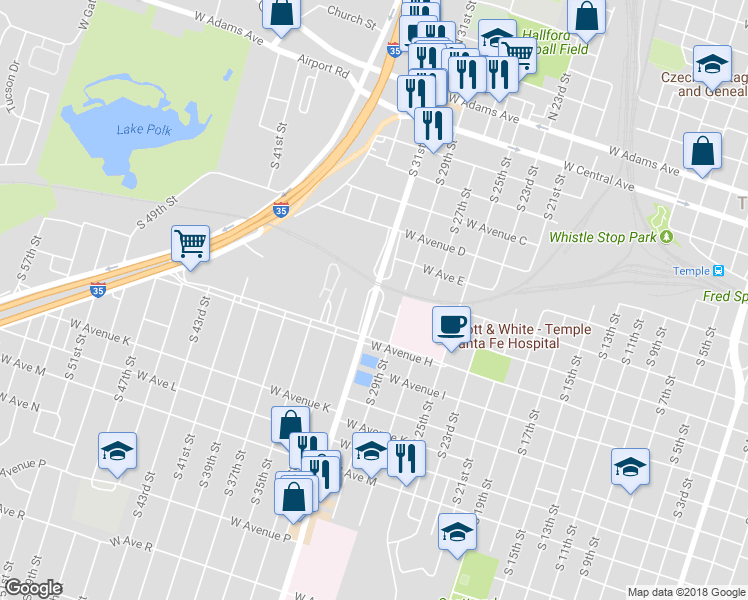 map of restaurants, bars, coffee shops, grocery stores, and more near 605 South 31st Street in Temple