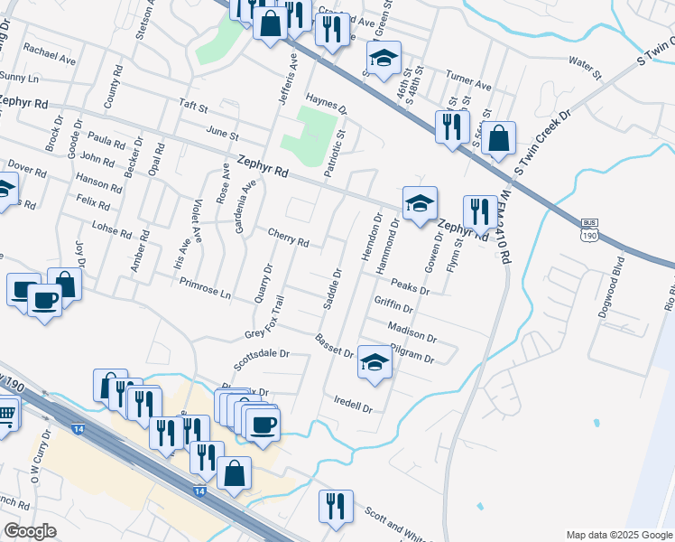 map of restaurants, bars, coffee shops, grocery stores, and more near 1411 Saddle Drive in Killeen