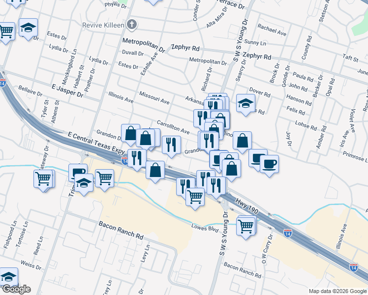 map of restaurants, bars, coffee shops, grocery stores, and more near 1611 Grandon Drive in Killeen