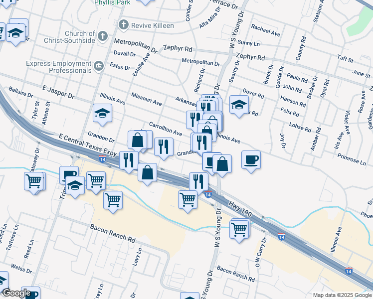 map of restaurants, bars, coffee shops, grocery stores, and more near 1611 Grandon Drive in Killeen