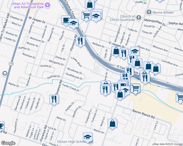 map of restaurants, bars, coffee shops, grocery stores, and more near 318 Lowes Boulevard in Killeen