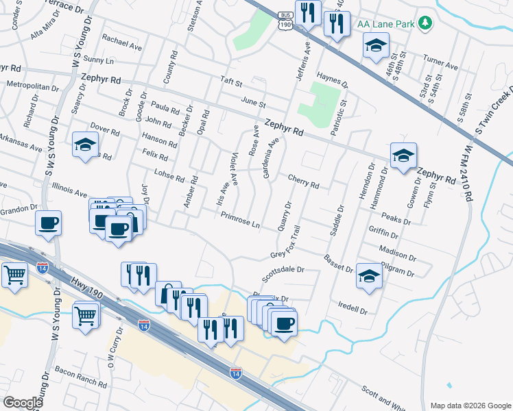 map of restaurants, bars, coffee shops, grocery stores, and more near 1507 Jefferis Avenue in Killeen