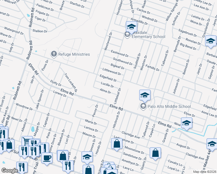 map of restaurants, bars, coffee shops, grocery stores, and more near 2702 Lucille Drive in Killeen