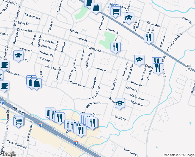 map of restaurants, bars, coffee shops, grocery stores, and more near 1510 Quarry Drive in Killeen