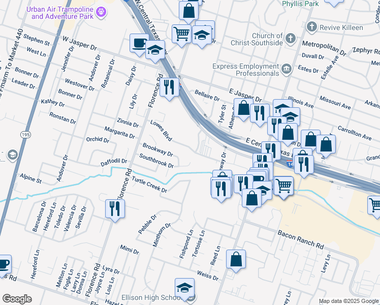 map of restaurants, bars, coffee shops, grocery stores, and more near 318 Lowes Boulevard in Killeen