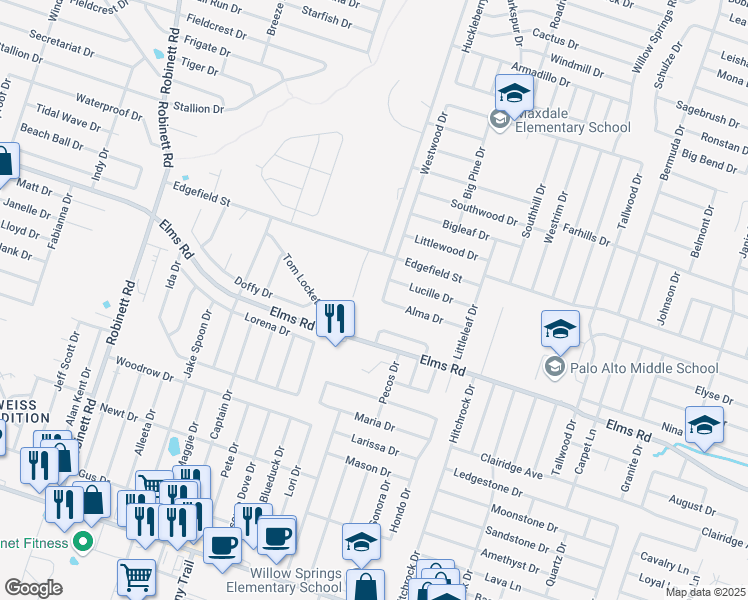 map of restaurants, bars, coffee shops, grocery stores, and more near 3605 Westwood Drive in Killeen