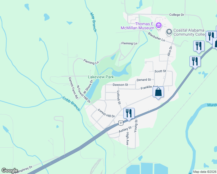 map of restaurants, bars, coffee shops, grocery stores, and more near 211 Dawson Street in Brewton