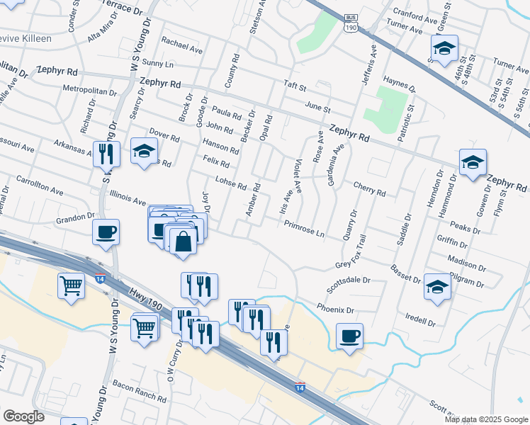 map of restaurants, bars, coffee shops, grocery stores, and more near 1607 Topaz Rd in Killeen