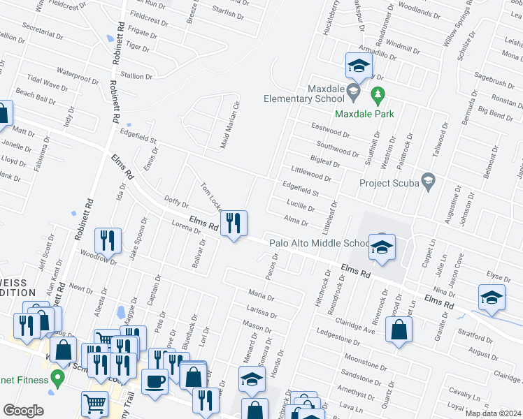 map of restaurants, bars, coffee shops, grocery stores, and more near 3605 Westwood Drive in Killeen