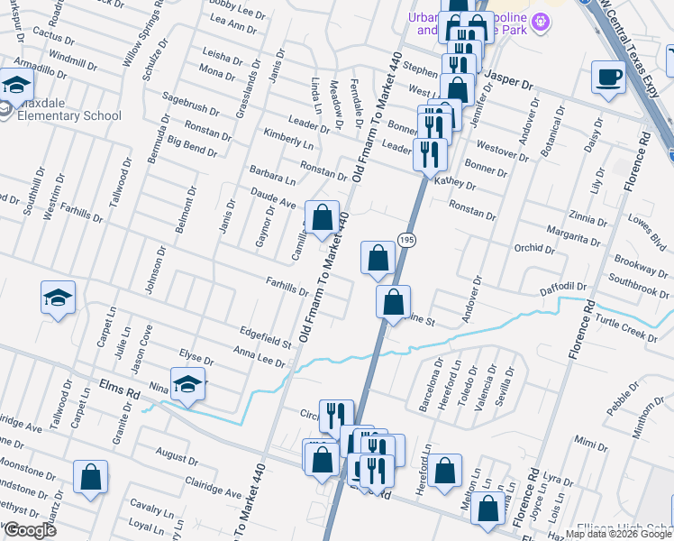 map of restaurants, bars, coffee shops, grocery stores, and more near 2305 Old Farm To Market 440 in Killeen