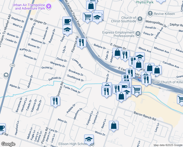map of restaurants, bars, coffee shops, grocery stores, and more near 318 Lowes Boulevard in Killeen