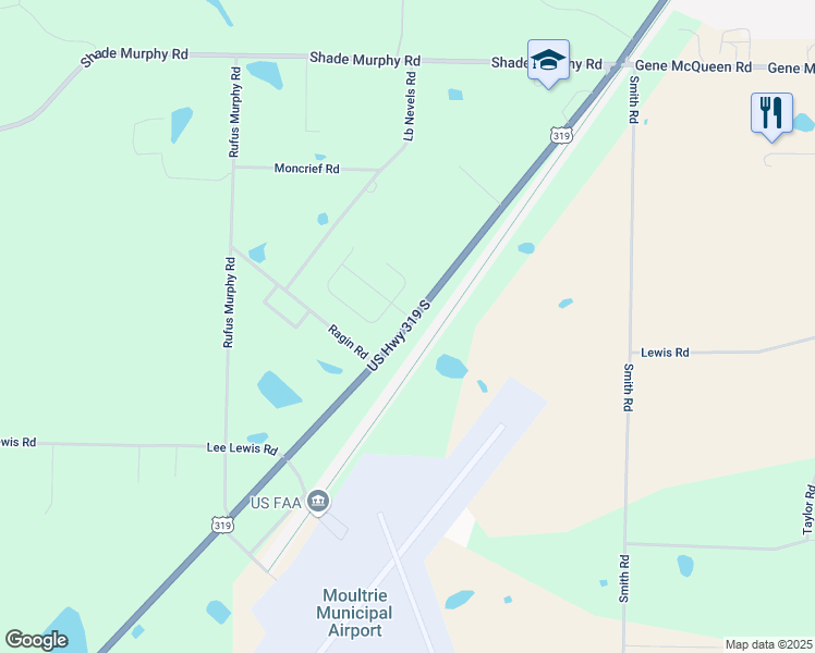 map of restaurants, bars, coffee shops, grocery stores, and more near 135 Lacy Lane in Moultrie