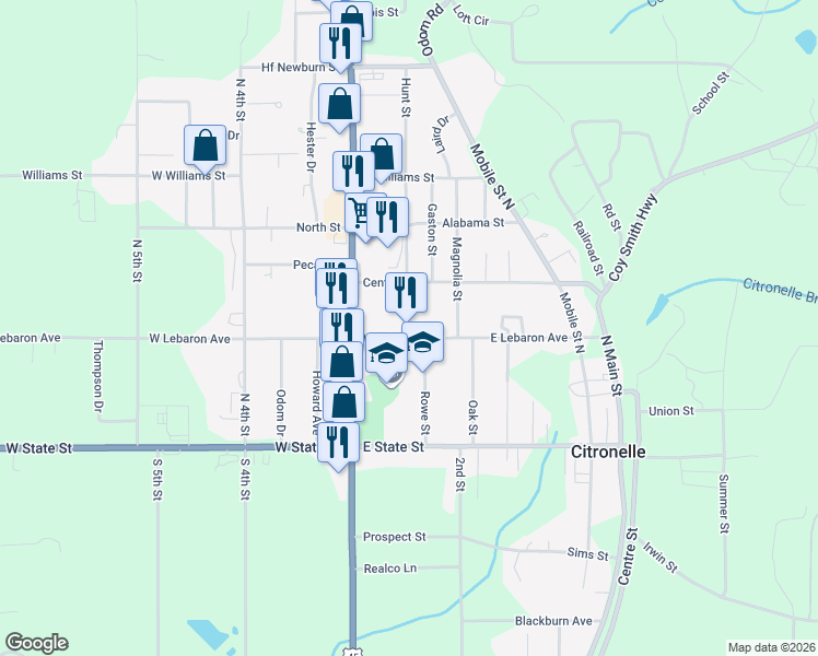 map of restaurants, bars, coffee shops, grocery stores, and more near 8140 Lebaron Avenue in Citronelle