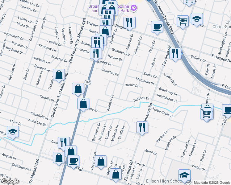 map of restaurants, bars, coffee shops, grocery stores, and more near 2412 Andover Drive in Killeen