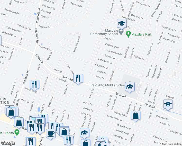 map of restaurants, bars, coffee shops, grocery stores, and more near 2804 Lucille Drive in Killeen