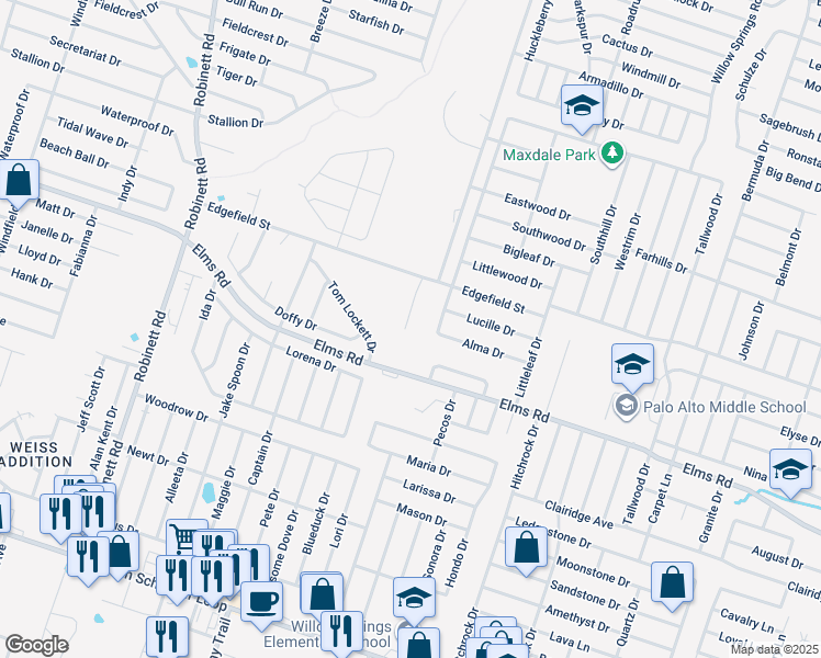 map of restaurants, bars, coffee shops, grocery stores, and more near 3605 Westwood Drive in Killeen