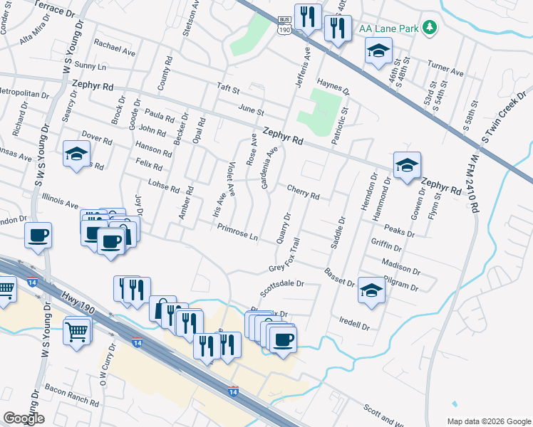 map of restaurants, bars, coffee shops, grocery stores, and more near 1507 Jefferis Ave in Killeen