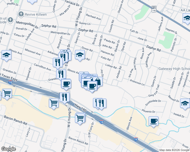 map of restaurants, bars, coffee shops, grocery stores, and more near 2300 Goode Circle in Killeen