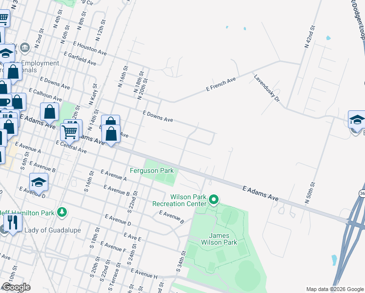 map of restaurants, bars, coffee shops, grocery stores, and more near 1604 East Barton Avenue in Temple