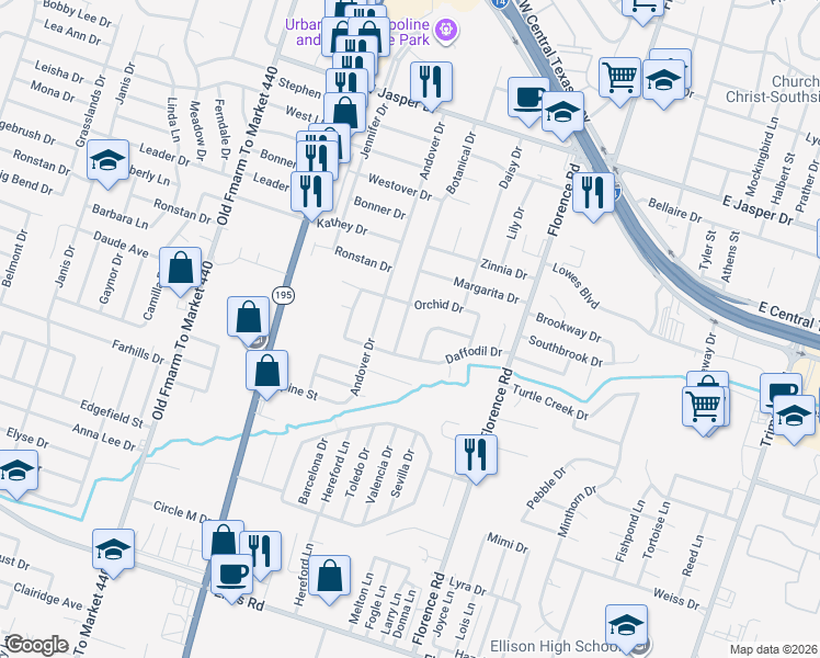 map of restaurants, bars, coffee shops, grocery stores, and more near 2408 Botanical Drive in Killeen