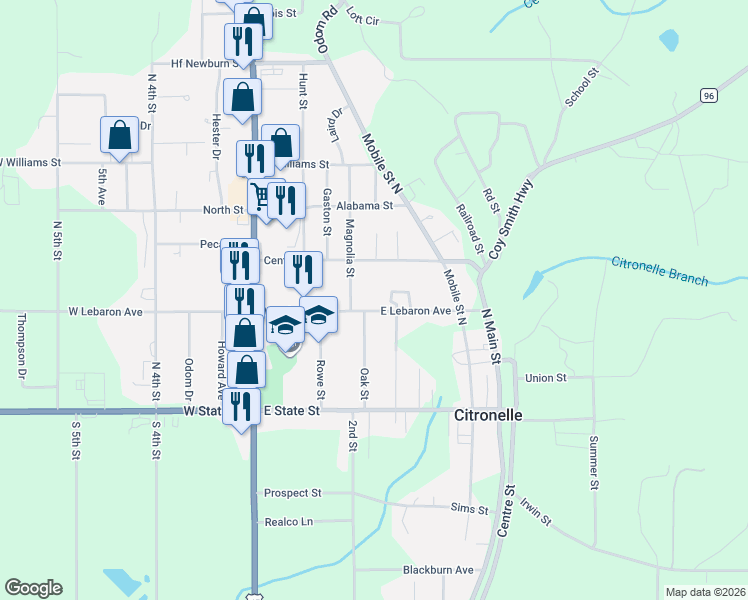 map of restaurants, bars, coffee shops, grocery stores, and more near 8030 East Lebaron Avenue in Citronelle
