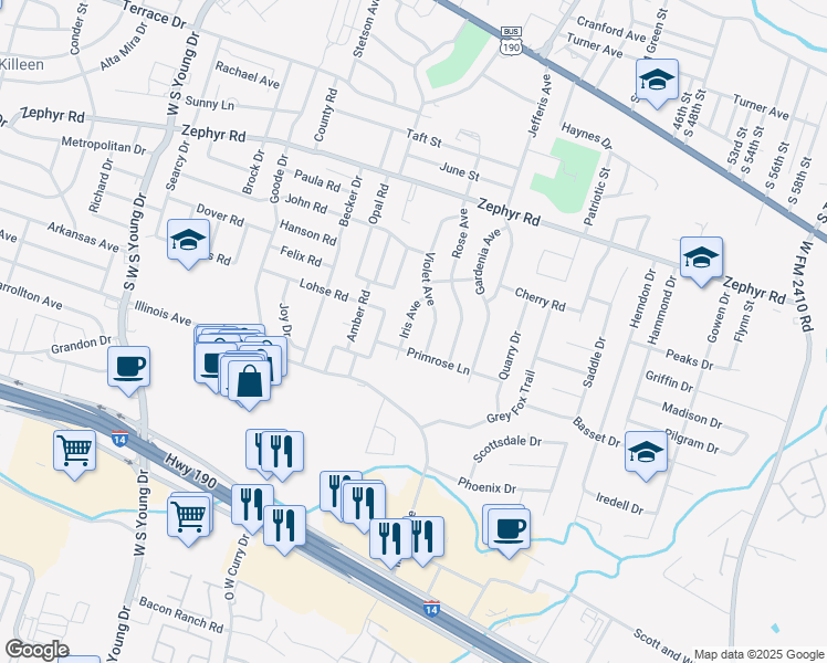 map of restaurants, bars, coffee shops, grocery stores, and more near 1512 Iris Avenue in Killeen
