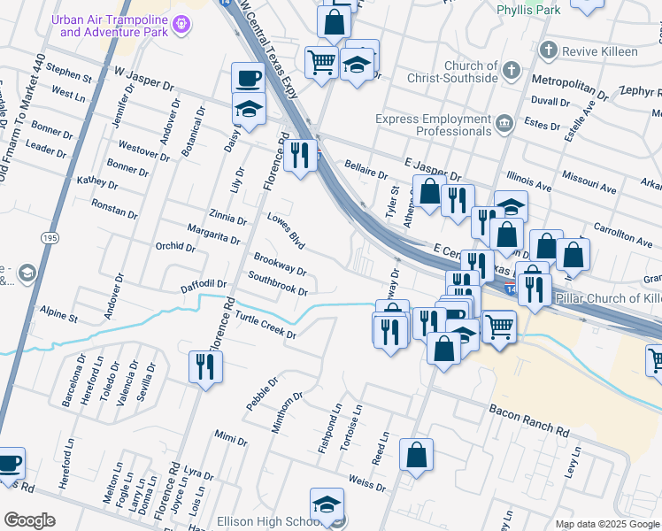 map of restaurants, bars, coffee shops, grocery stores, and more near 318 Lowes Boulevard in Killeen