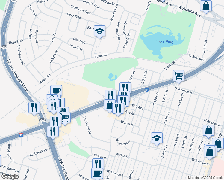 map of restaurants, bars, coffee shops, grocery stores, and more near 2914 West K Avenue in Temple