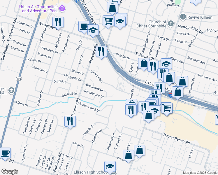 map of restaurants, bars, coffee shops, grocery stores, and more near 306 Lowes Boulevard in Killeen