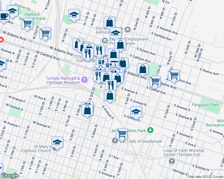 map of restaurants, bars, coffee shops, grocery stores, and more near 101 South Main Street in Temple