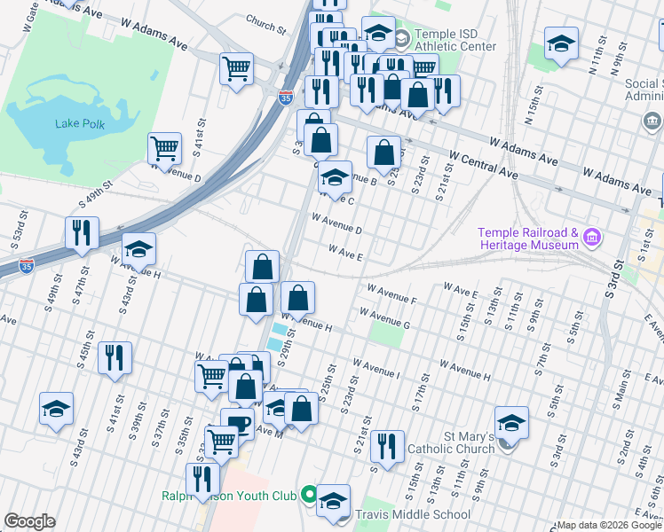 map of restaurants, bars, coffee shops, grocery stores, and more near 518 S 27th St in Temple
