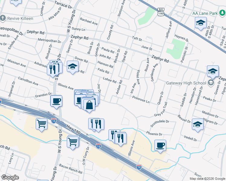 map of restaurants, bars, coffee shops, grocery stores, and more near 2602 Amber Court in Killeen