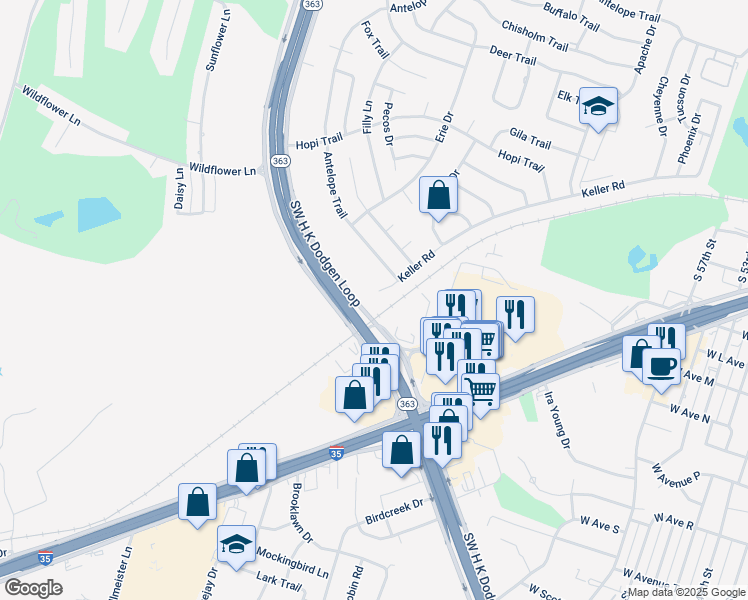 map of restaurants, bars, coffee shops, grocery stores, and more near Southwest H K Dodgen Loop in Temple