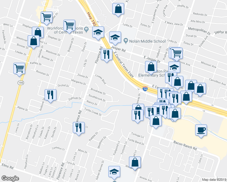 map of restaurants, bars, coffee shops, grocery stores, and more near 306 Lowes Boulevard in Killeen