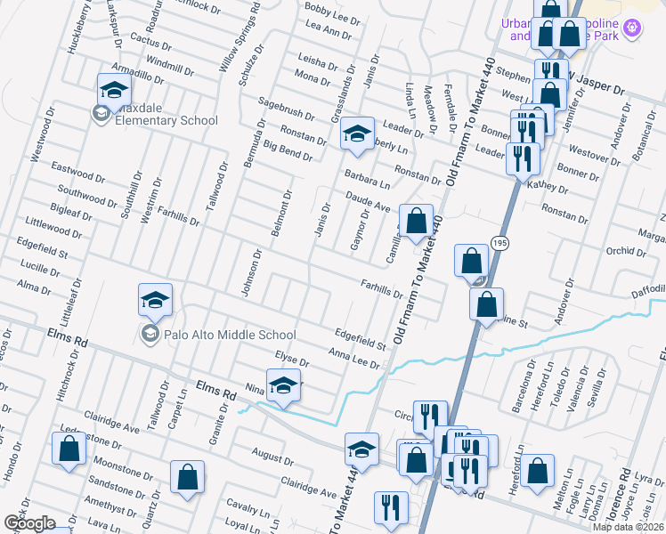 map of restaurants, bars, coffee shops, grocery stores, and more near 1303 Farhills Drive in Killeen