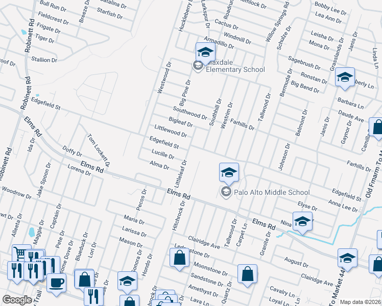 map of restaurants, bars, coffee shops, grocery stores, and more near 2600 Edgefield Street in Killeen