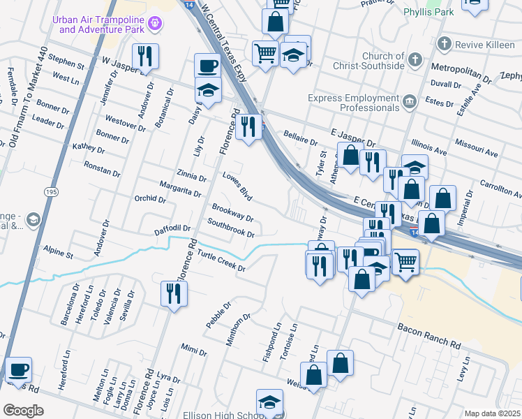 map of restaurants, bars, coffee shops, grocery stores, and more near 308 Lowes Boulevard in Killeen