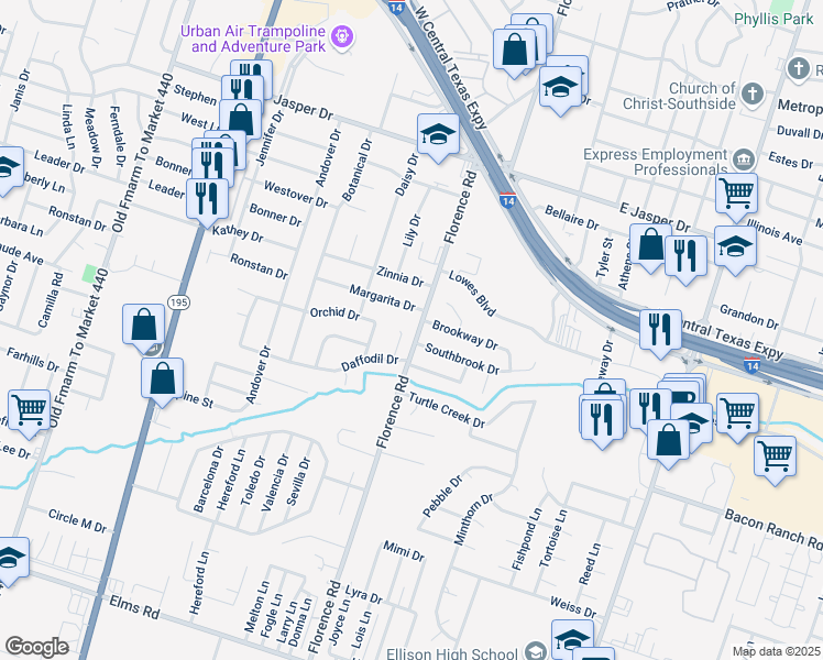 map of restaurants, bars, coffee shops, grocery stores, and more near 101 South Brook in Killeen