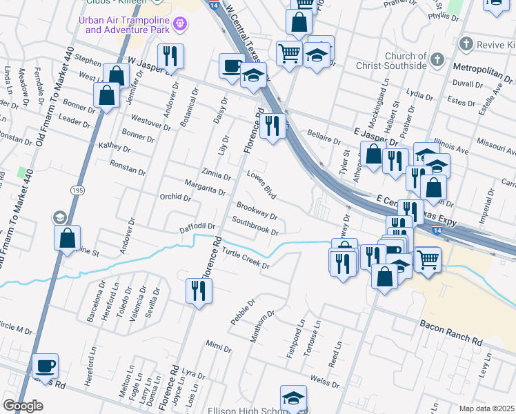 map of restaurants, bars, coffee shops, grocery stores, and more near 201 Brookway Drive in Killeen