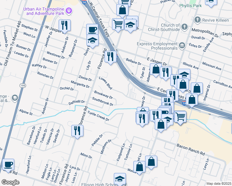 map of restaurants, bars, coffee shops, grocery stores, and more near 306 Lowes Boulevard in Killeen