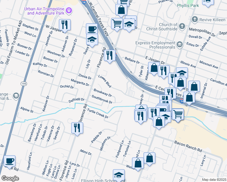 map of restaurants, bars, coffee shops, grocery stores, and more near 306 Lowes Boulevard in Killeen