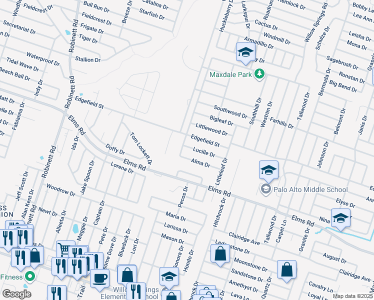 map of restaurants, bars, coffee shops, grocery stores, and more near 2804 Lucille Drive in Killeen