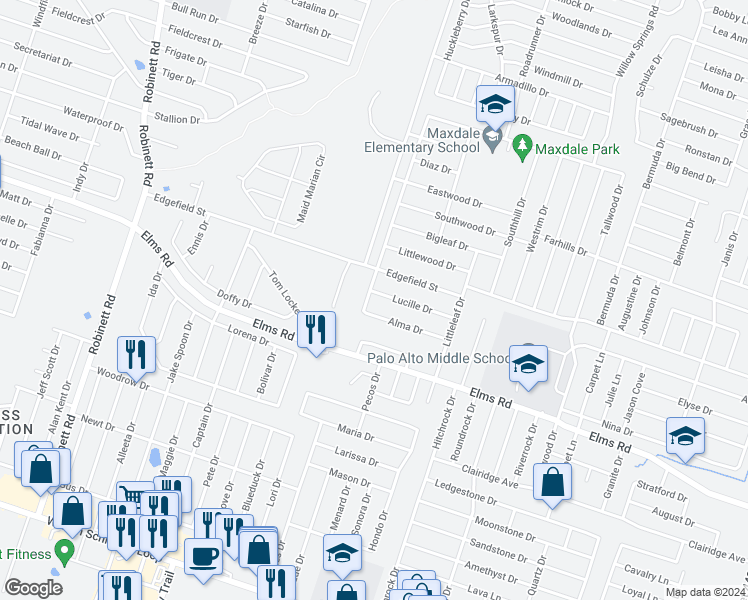 map of restaurants, bars, coffee shops, grocery stores, and more near 2804 Lucille Drive in Killeen
