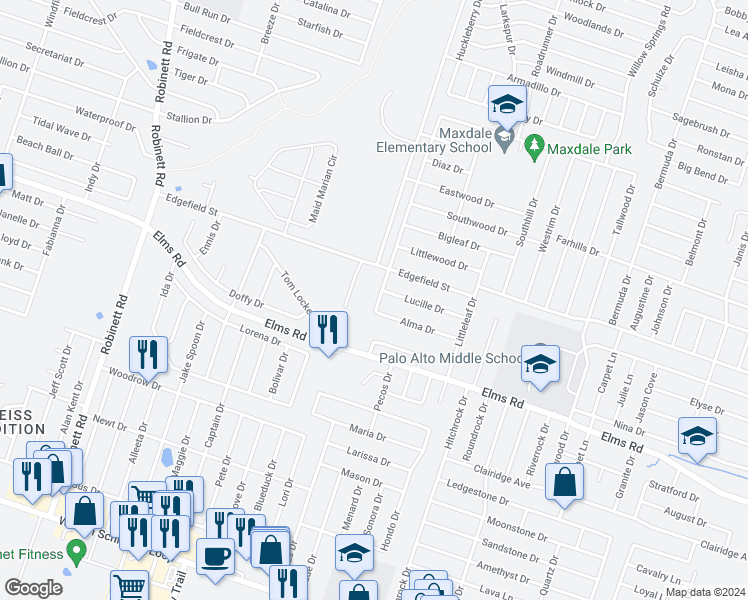 map of restaurants, bars, coffee shops, grocery stores, and more near 3605 Westwood Drive in Killeen