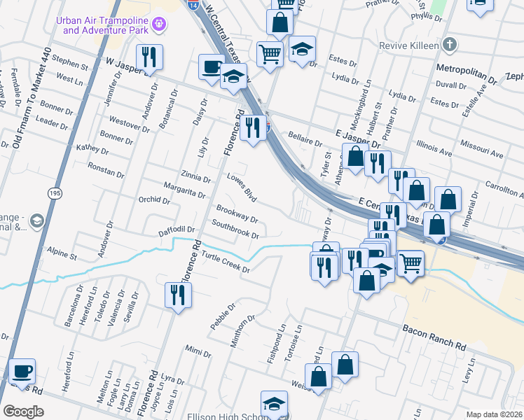 map of restaurants, bars, coffee shops, grocery stores, and more near 306 Lowes Boulevard in Killeen