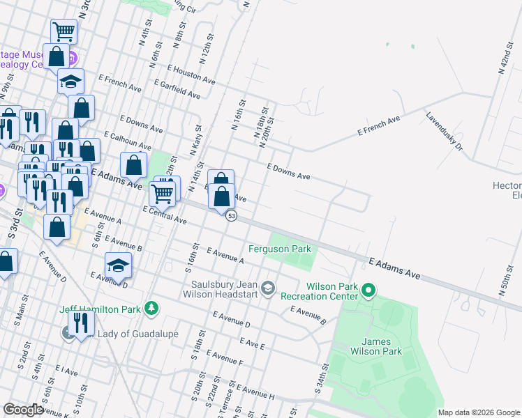 map of restaurants, bars, coffee shops, grocery stores, and more near 111 South 20th Street in Temple